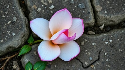 Fototapeta premium Delicate petals unfurl from under weathered stone pavement, Undergrowth, Flower power, Unfurl