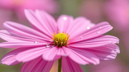Obraz premium Delicate pink petals on a white Cosmos stem with dew drops, cosmos, dew, pastel
