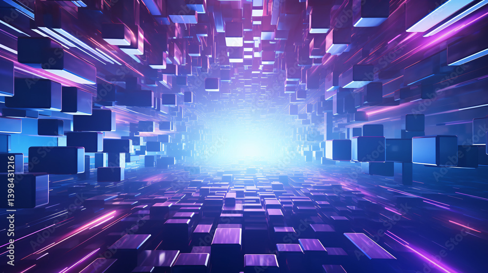 Poster striking techy design with glowing purple and blue cubes, futuristic architecture, perfect for digit