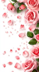 Pink Roses and Falling Petals on White Background