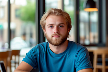 Fototapeta premium Young man with blond hair and beard in blue t-shirt sitting in modern cafe with large windows and soft daylight