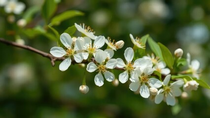 Obraz premium Delicate white blooms on a branch unfolding slowly, nature, leafy greens, blossoms