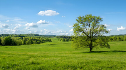 Fototapeta premium Wide Green Meadow Landscape Under Sunny Sky