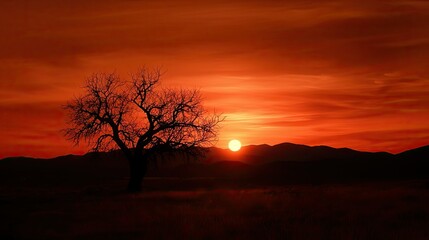 Fototapeta premium A silhouette tree against the vibrant orange of the setting sun