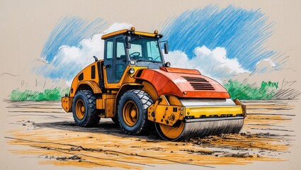 Obraz premium Yellow orange road roller on ground. Sketch illustration of construction vehicle under blue sky with clouds.