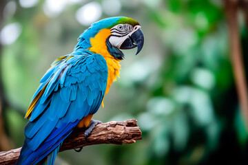 Bright blue and yellow parrot sitting on a dry tree branch with a soft green forest background