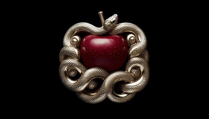Red Apple Encircled by a Gold Snake on Black Background