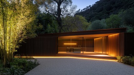 Fototapeta premium A modern house illuminated beautifully in a peaceful natural setting