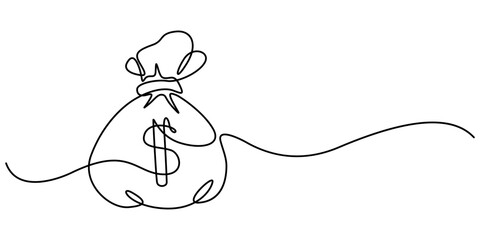 Money bag continuous one line drawing. Business dollar sign concept. Vector illustration isolated on white background, Continuous Line Drawing of Saving Money Icon. Hand Drawn Symbol Vector concept.