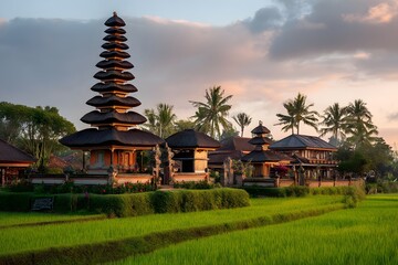 Balinese Temple at Sunset: A serene Balinese temple bathed in the warm glow of sunset, showcasing intricate architecture against a backdrop of lush rice fields and towering palm trees.