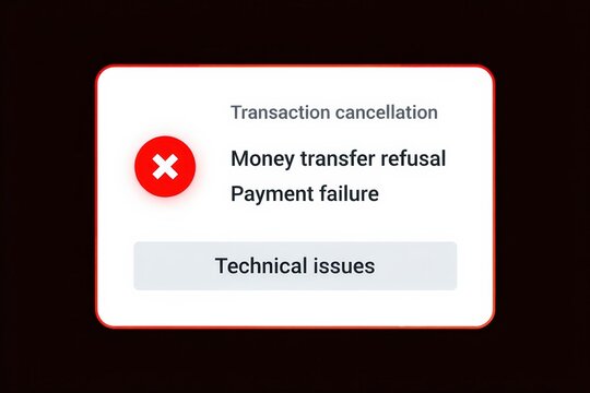 Transaction cancellation, money transfer refusal, payment failure, technical issues showing on a pop-up message