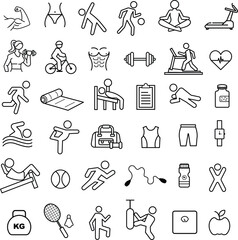 Fitness and Gym Line Icons Set. Workout, Exercise, Yoga, Weightlifting, Sports, Health, Equipment Template