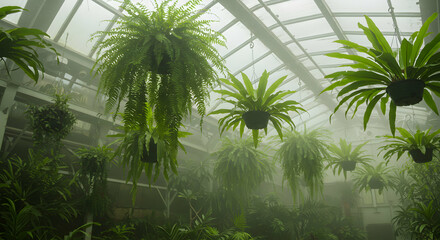 Indoor Greenhouse With Lush Hanging Plants