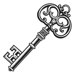 Vintage Ornate Skeleton Key Vector Illustration for Tattoo or Coloring Book Design