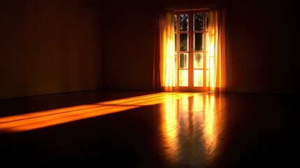 Golden sunlight streams across a reflective wooden floor space