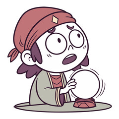 Obraz premium Cartoon Fortune Teller with Crystal Ball Vector for Illustrations and Designs