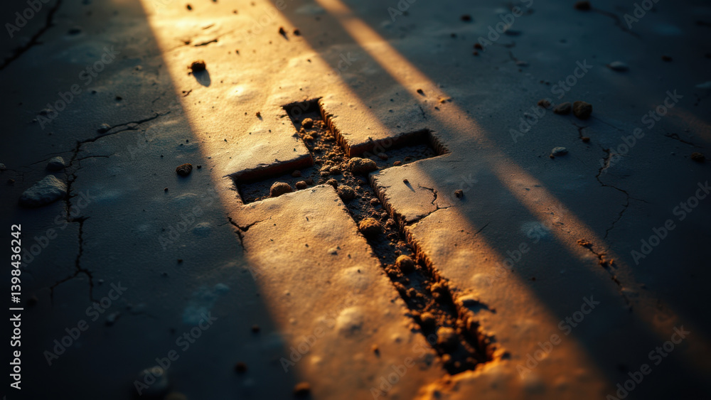 Aufkleber cross etched into a weathered concrete surface with sunlight creating a contrasting shadow.