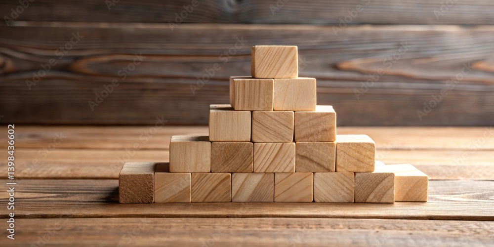 Poster Wooden blocks arranged in a pyramid shape on a rustic wooden surface