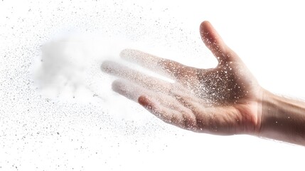 White powder explodes from a man's open hand against a white background. The image evokes themes of magic, creation, or destruction.