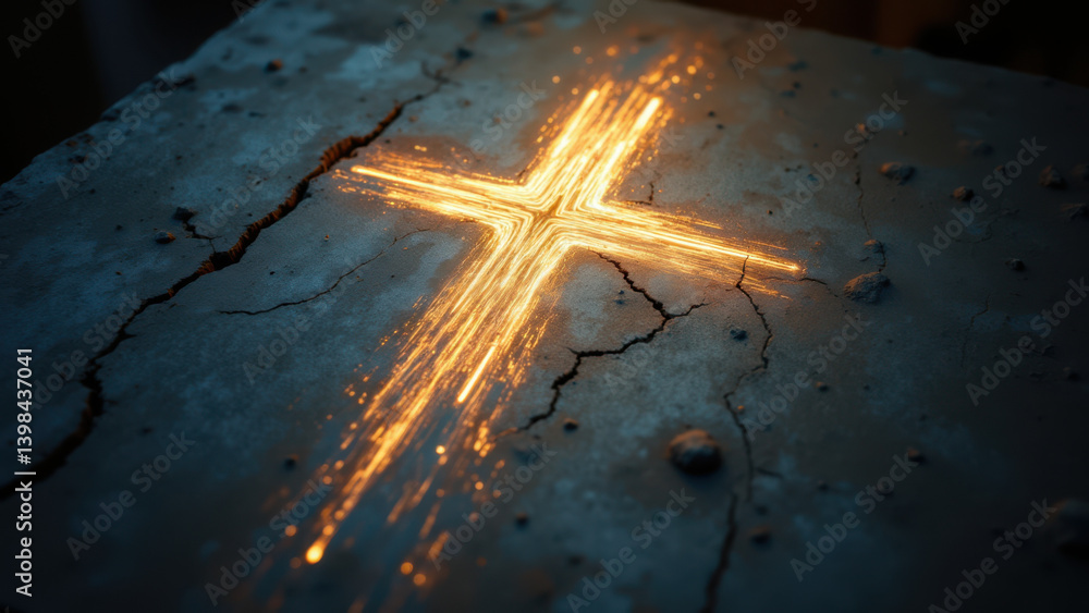 Poster christian symbol with fiery glow on a textured surface.