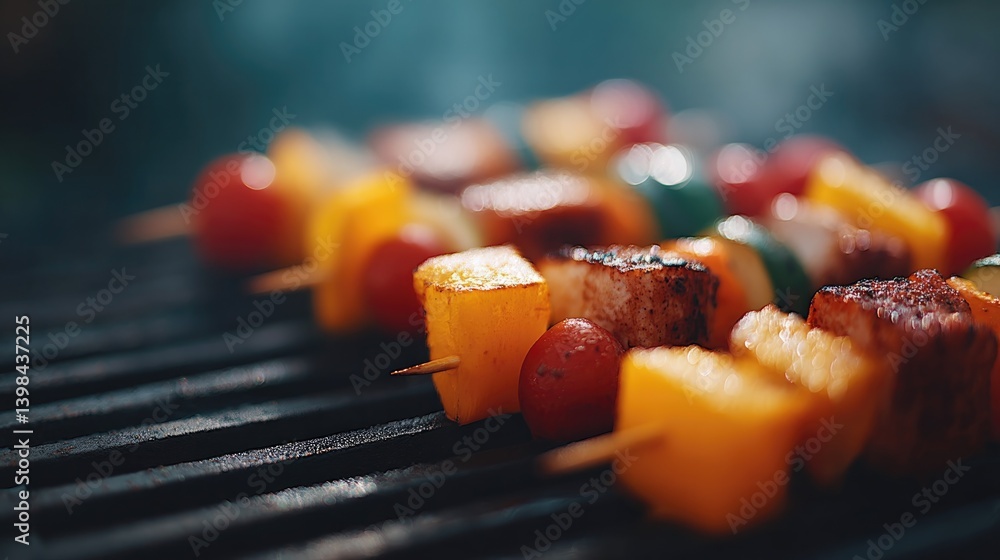 Aufkleber close-up of sizzling barbecue skewers on grill minimalistic composition with ample background copy s
