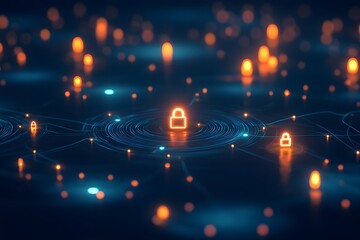 Obraz premium A network of interconnected nodes with glowing padlock icons