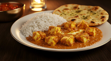 Aromatic Indian Butter Paneer With Basmati Rice And Garlic Naan Dish
