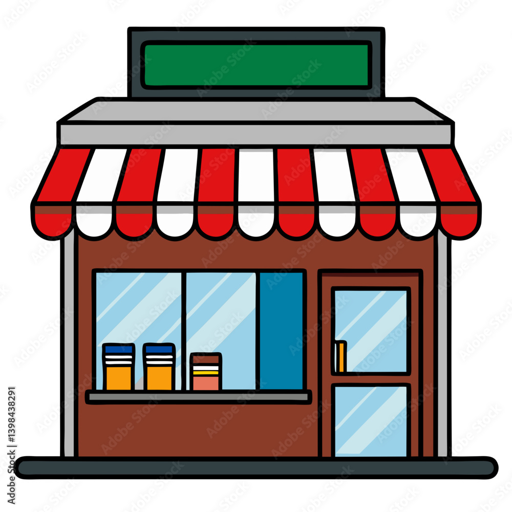 Poster vector illustration of small bookstore front with red white awning for design and branding
