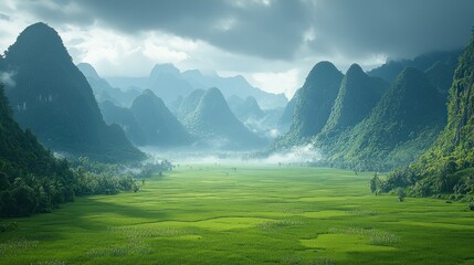 Obraz premium Serene Green Valley Landscape with Misty Mountains in Vietnam