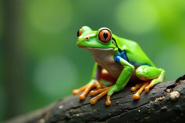 Green tree frog, perched on white, vibrant color , biology, animal, green frog