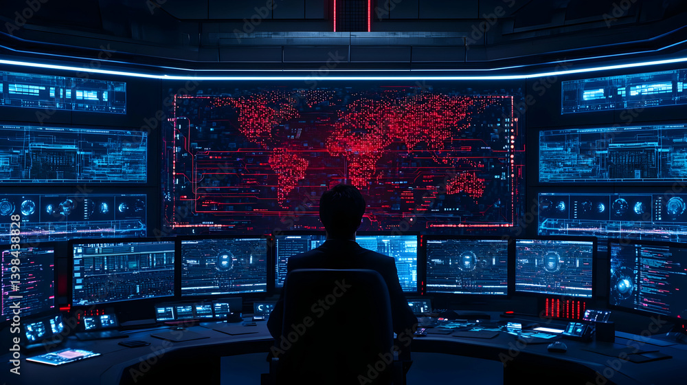 Poster silhouette operator in front of illuminated global network control room