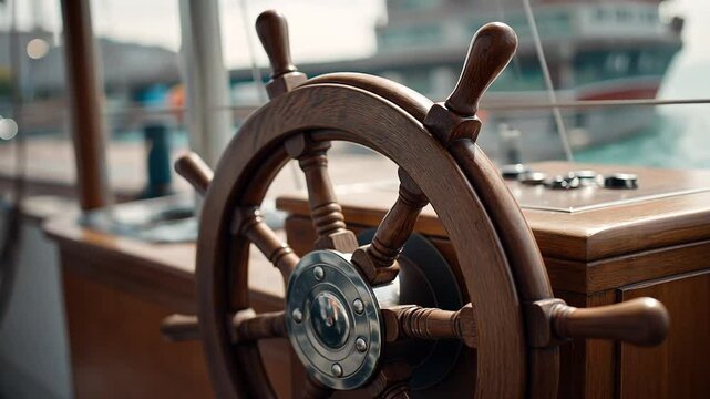Close-up of a cruise ship's steering wheel navigating the open sea.