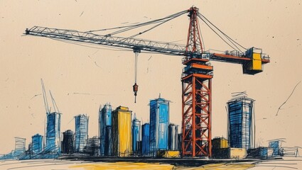 Naklejka premium City skyline building sketch. Tall red crane hovers above blue and yellow skyscrapers. Hand drawn illustration shows construction and urban growth.