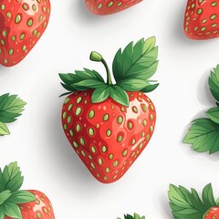 Strawberry pattern. Ripe red strawberries with green leaves and stem. White background. Fresh fruit illustration.