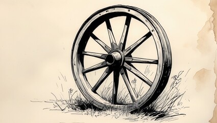 Wood wheel drawing with spokes. Black ink sketch of old cart wheel on beige background. Antique style illustration showing wagon part in grass.