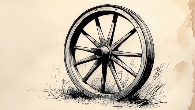 Wood wheel drawing with spokes. Black ink sketch of old cart wheel on beige background. Antique style illustration showing wagon part in grass.