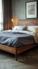 Natural wood platform bed cozy interior high resolution picture