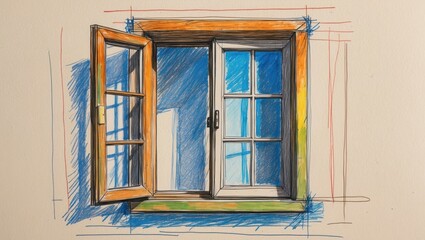Obraz premium Colored pencil sketch illustration of open window. Window frame is orange. White walls with blue shadow, blue sky visible through glass.