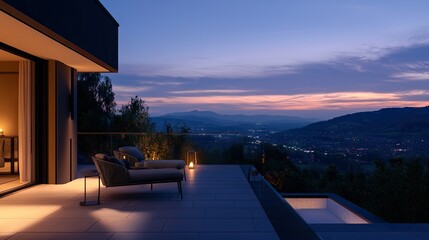 Fototapeta premium An outdoor patio overlooking a distant city at twilight