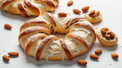 Sweet braided bread wreath with white glaze and sprinkled sugar. Almonds nuts scattered around baked goods and small tarts on plain surface.