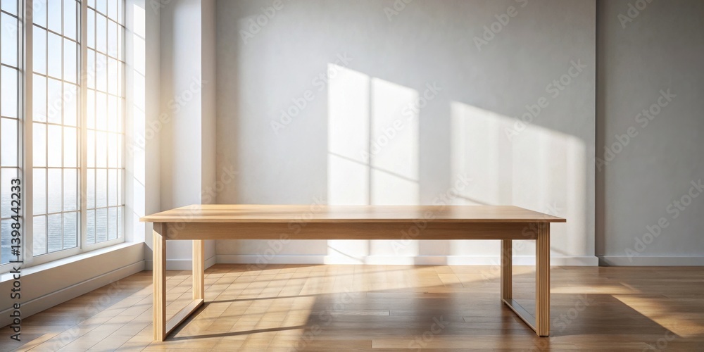 Poster a light-filled room with a modern wooden table and sunlight streaming through a large window