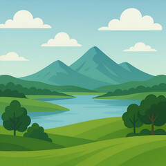 Fototapeta premium Minimal flat landscape illustration with hills, lake, and mountains under clear sky