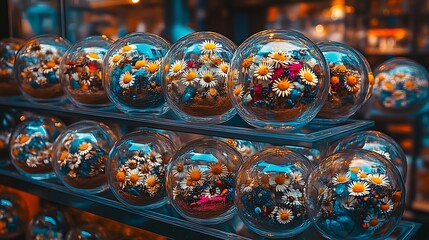 Fototapeta premium Display of floral arrangements inside clear spherical glass orbs