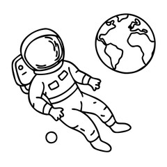 Fototapeta premium Astronaut Floating in Space with Earth Black and White Vector Illustration