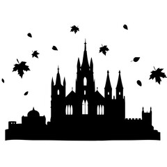 Fototapeta premium Gothic Castle Silhouette with Falling Leaves for Halloween Illustrations