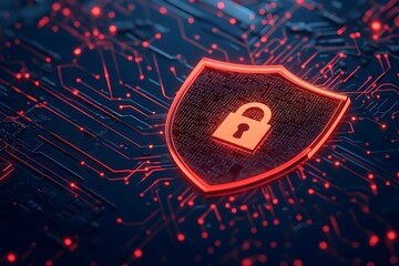 Red digital shield with a lock icon on a black circuit board background, symbolizing security and cyber protection in a technology or internet concept.