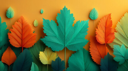 Illustration de feuilles d'&eacute;rable couleur d'&eacute;t&eacute; et d'automne sur fond orange - Fond d'&eacute;cran color&eacute; - Nature
