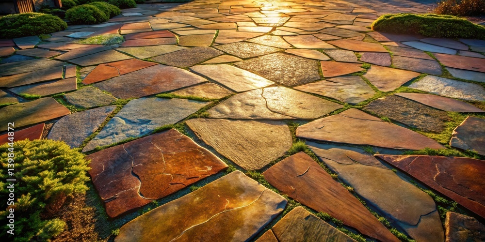 Poster irregular stone path at sunset with interstitial greenery