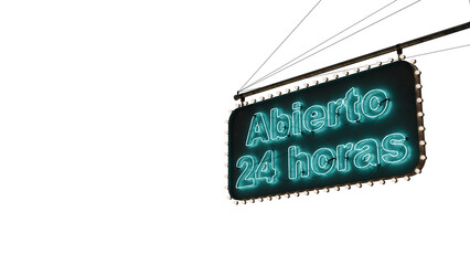 Cartel abierto 24 horas neón celeste alfa.