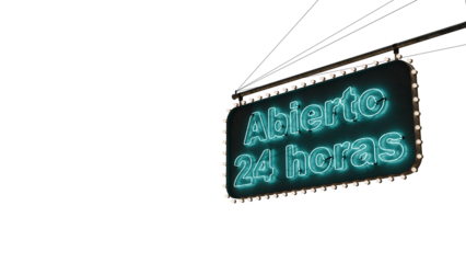 Cartel abierto 24 horas neón celeste alfa.